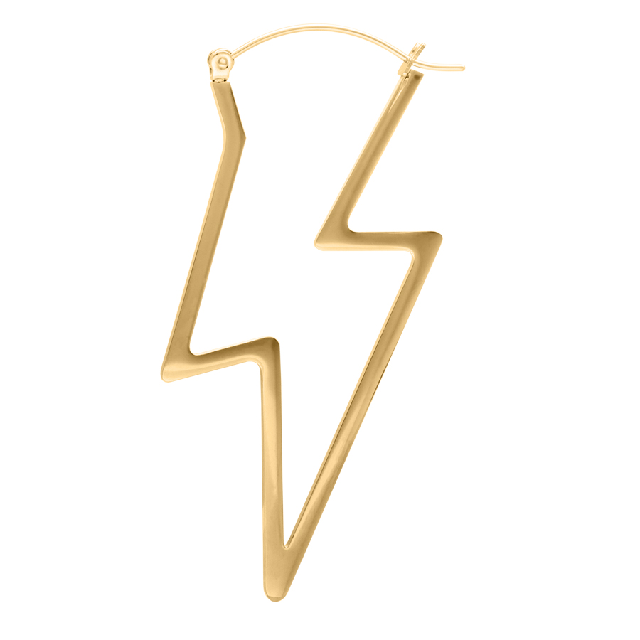 Thunderbolt Hoops - Orecchini dorati Orecchino dorato a forma di fulmine in acciaio chirurgico su sfondo bianco