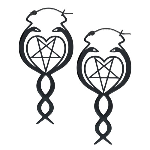 Orecchini Nagini Hoops neri con motivo a serpente e pentagramma su sfondo bianco