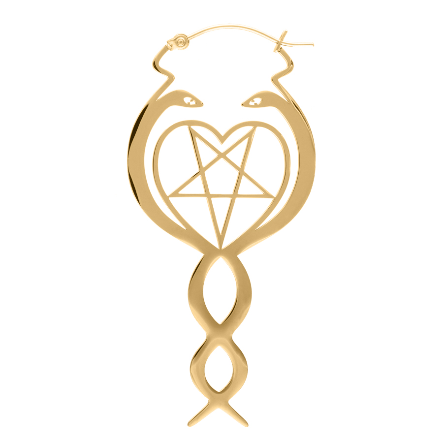 Nagini Hoops Orecchino d'Oro a Forma di Serpente Orecchino d'oro a forma di serpente con motivo a cuore e stella su sfondo bianco
