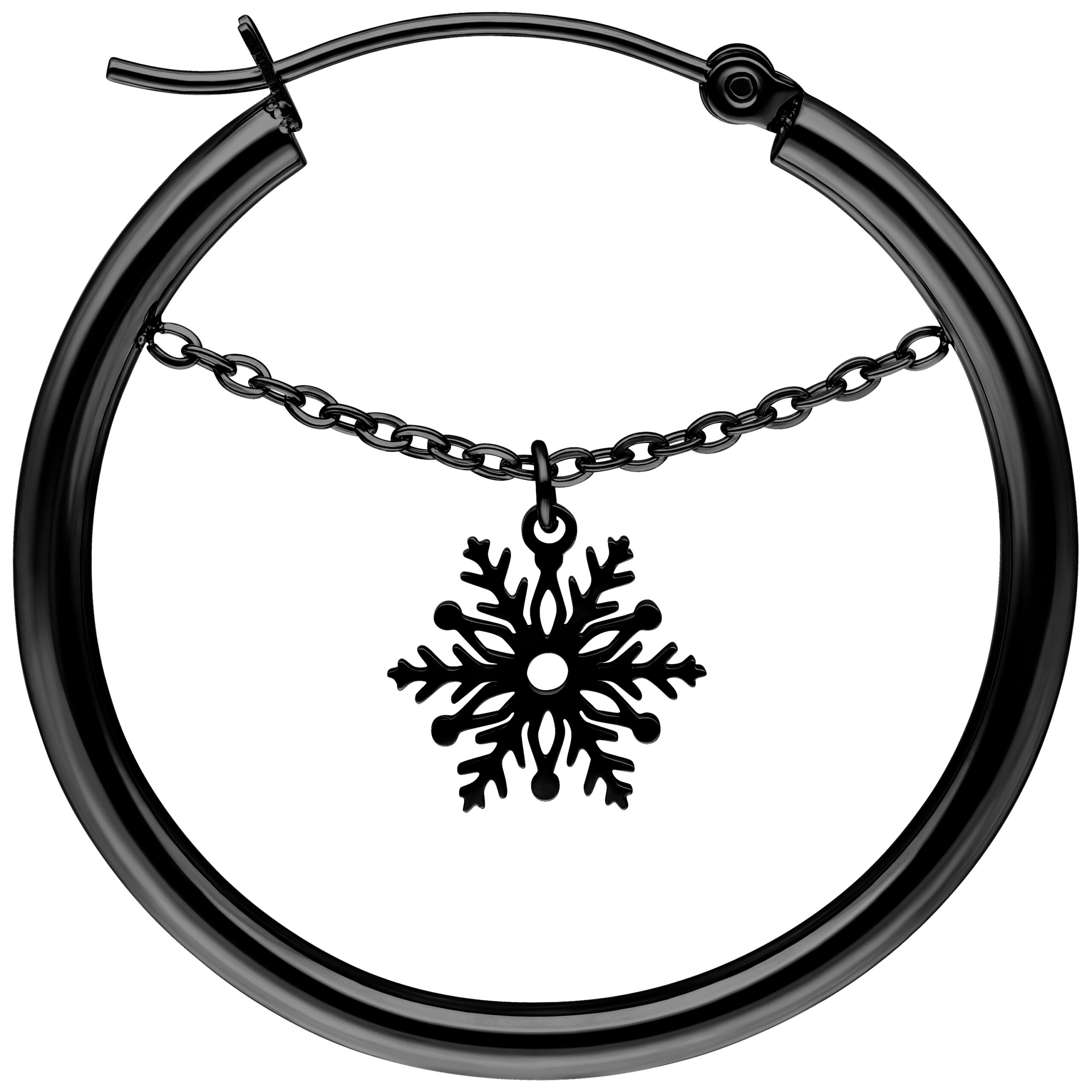 Orecchini neri con fiocco di neve pendente su sfondo bianco