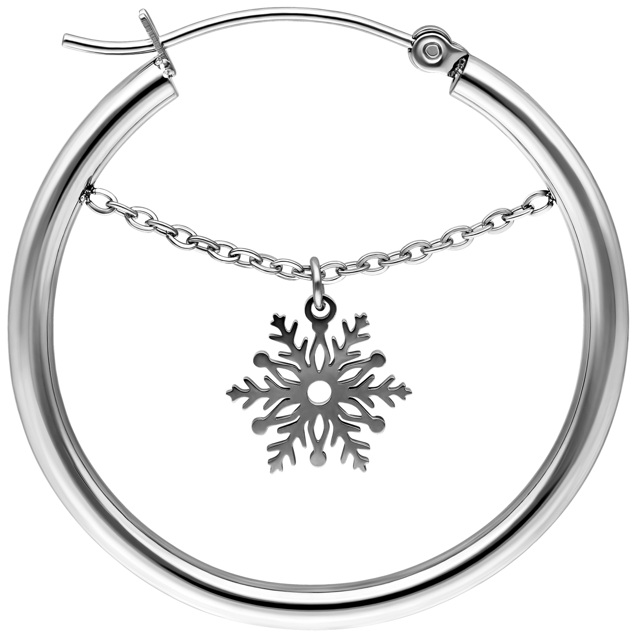 Orecchino argento con ciondolo a fiocco di neve su sfondo bianco