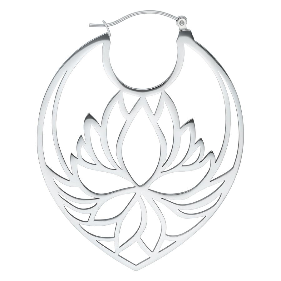 Orecchini Lotus in Argento in Acciaio Chirurgico, lucidati a specchio su sfondo bianco
