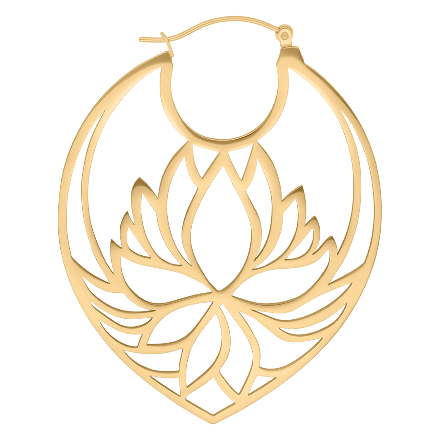 Orecchini Lily Hoops dorati in acciaio chirurgico con design a loto su sfondo bianco