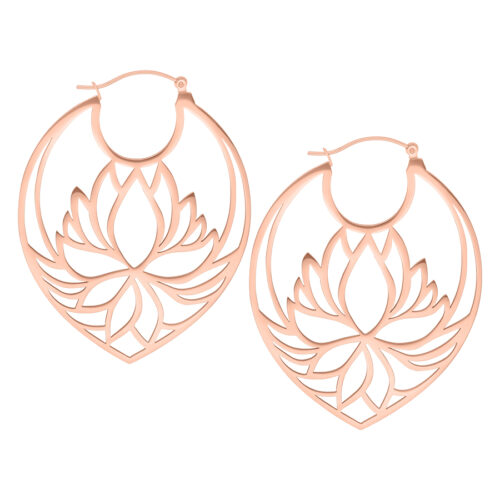 Orecchini a cerchio Lotus in oro rosa con chiusura a scatto su sfondo bianco