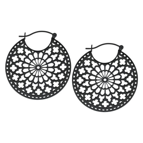 Orecchini rotondi neri in acciaio chirurgico con chiusura a scatto su sfondo bianco