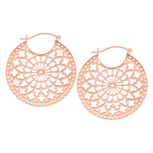 Orecchini Cathedral Hoops oro rosa con motivo filigranato su sfondo bianco