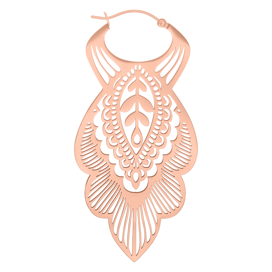 Orecchino Mandala Leaf Hoop in oro rosa con motivo delicato su sfondo bianco