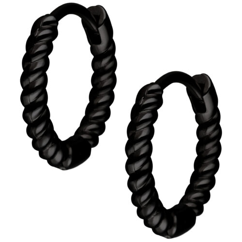 Cerchietti neri e intrecciati in acciaio chirurgico su sfondo bianco