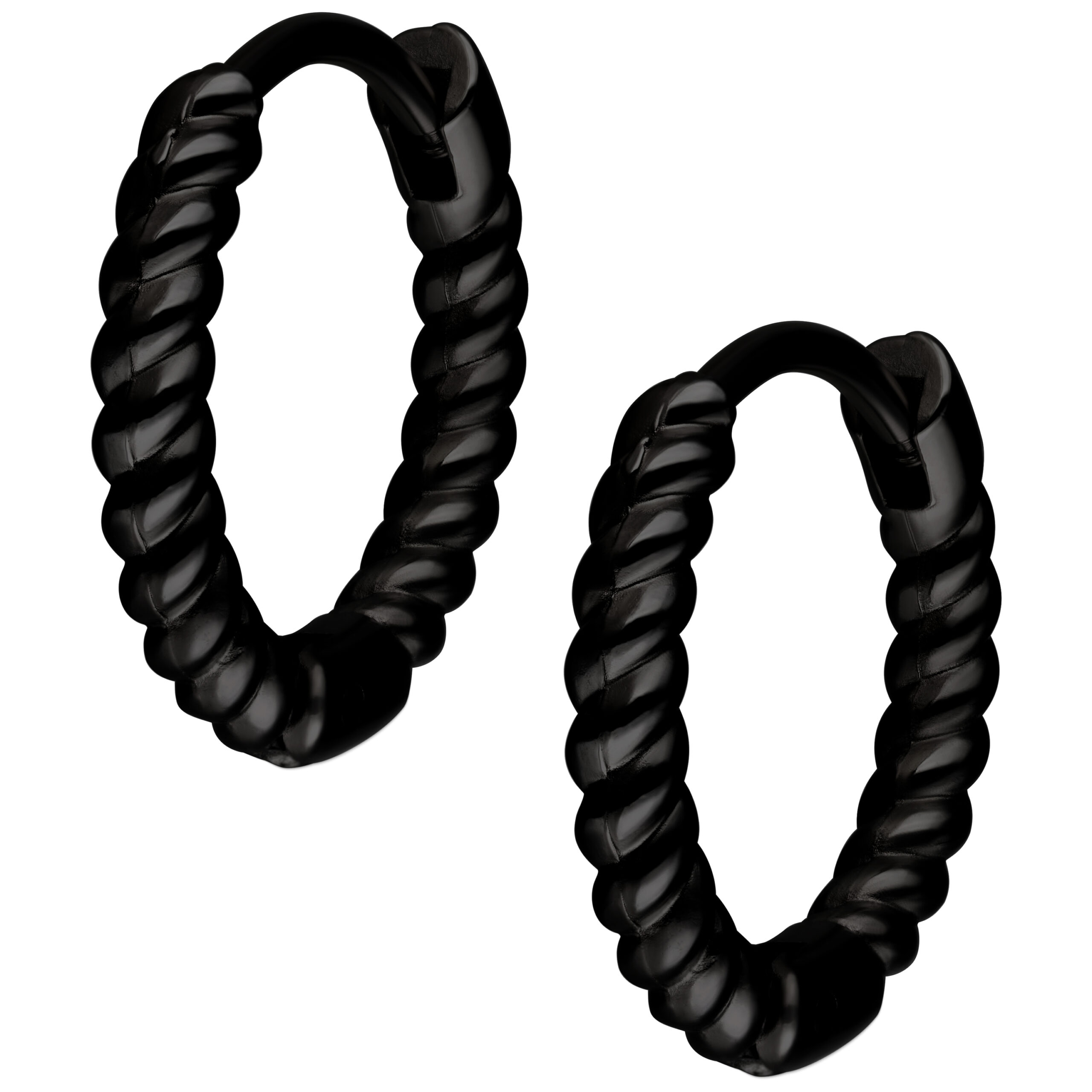 Cerchietti neri e intrecciati in acciaio chirurgico su sfondo bianco