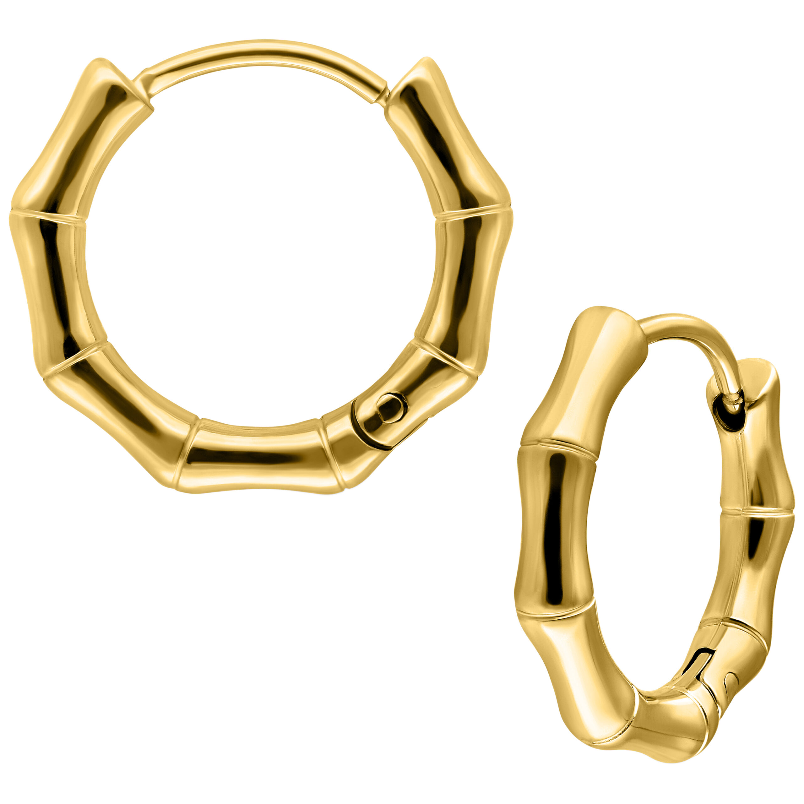 Orecchini in Bambù Dorati 10 mm Coppia Orecchini design bambù dorati con chiusura a scatto su sfondo bianco
