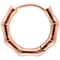 Un singolo orecchino a forma di bambù in acciaio chirurgico color oro rosa su sfondo bianco