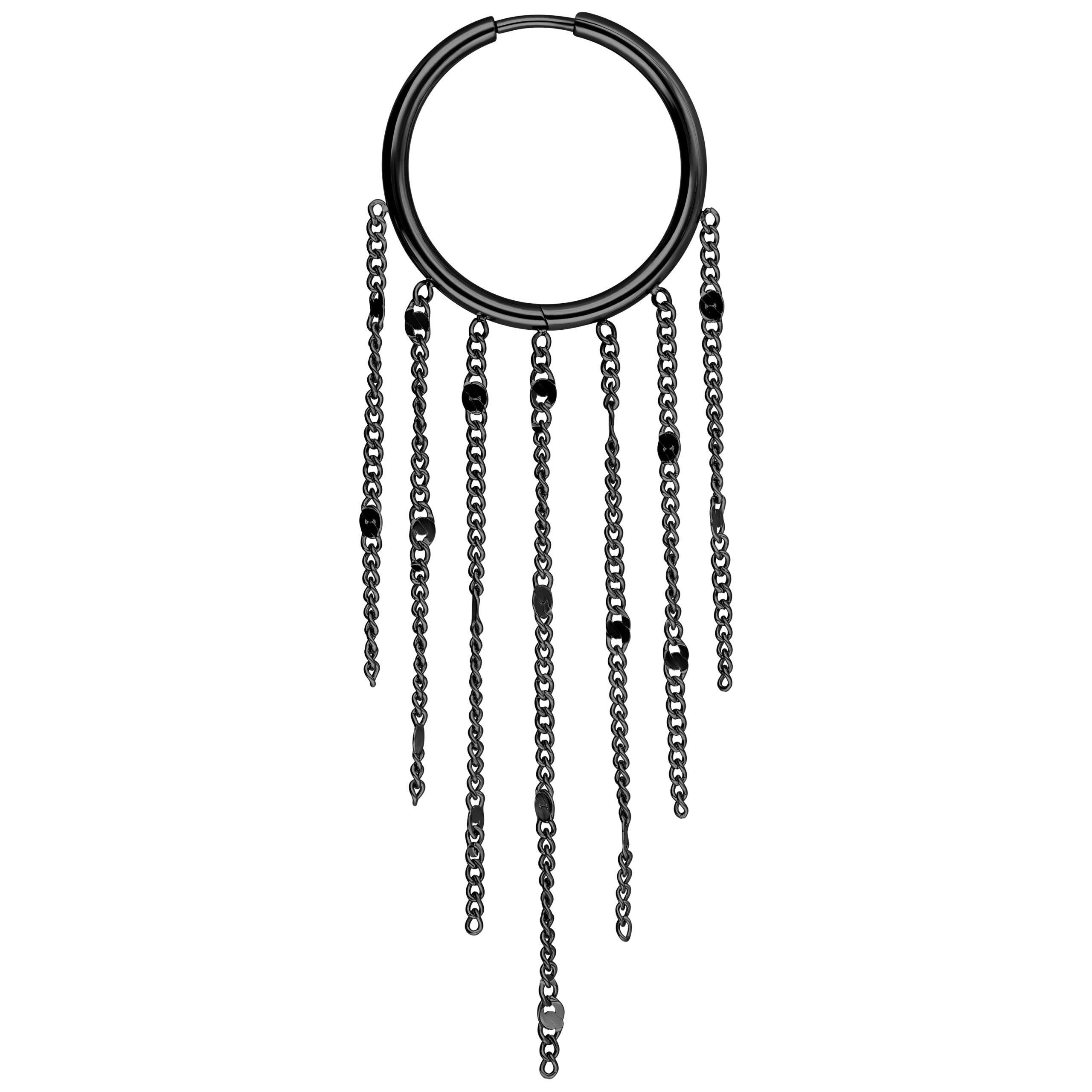 Orecchini neri con elementi a nappe lunghe su sfondo bianco