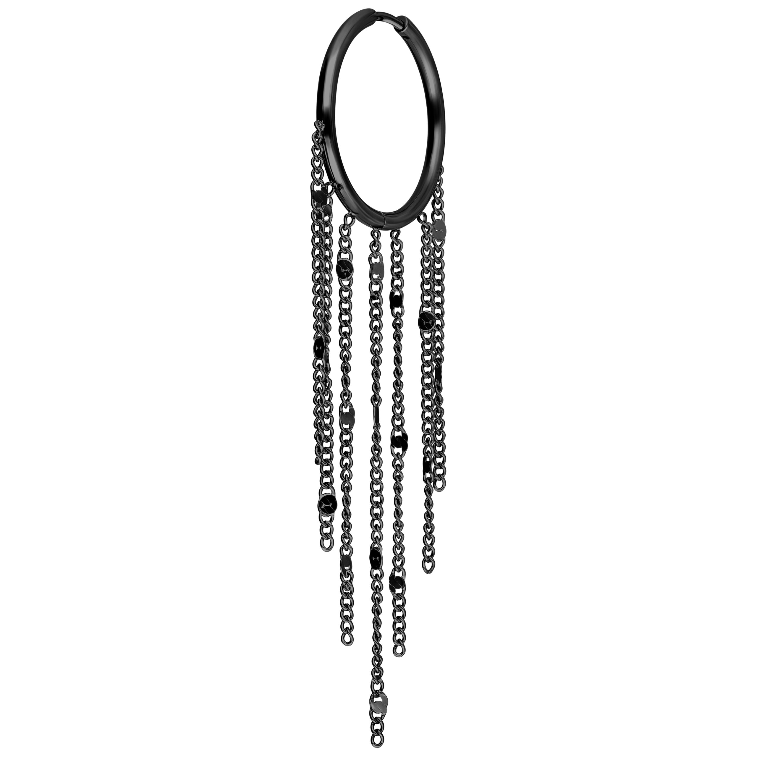 Orecchini a cerchio neri con lunghe catene a nappina su sfondo bianco