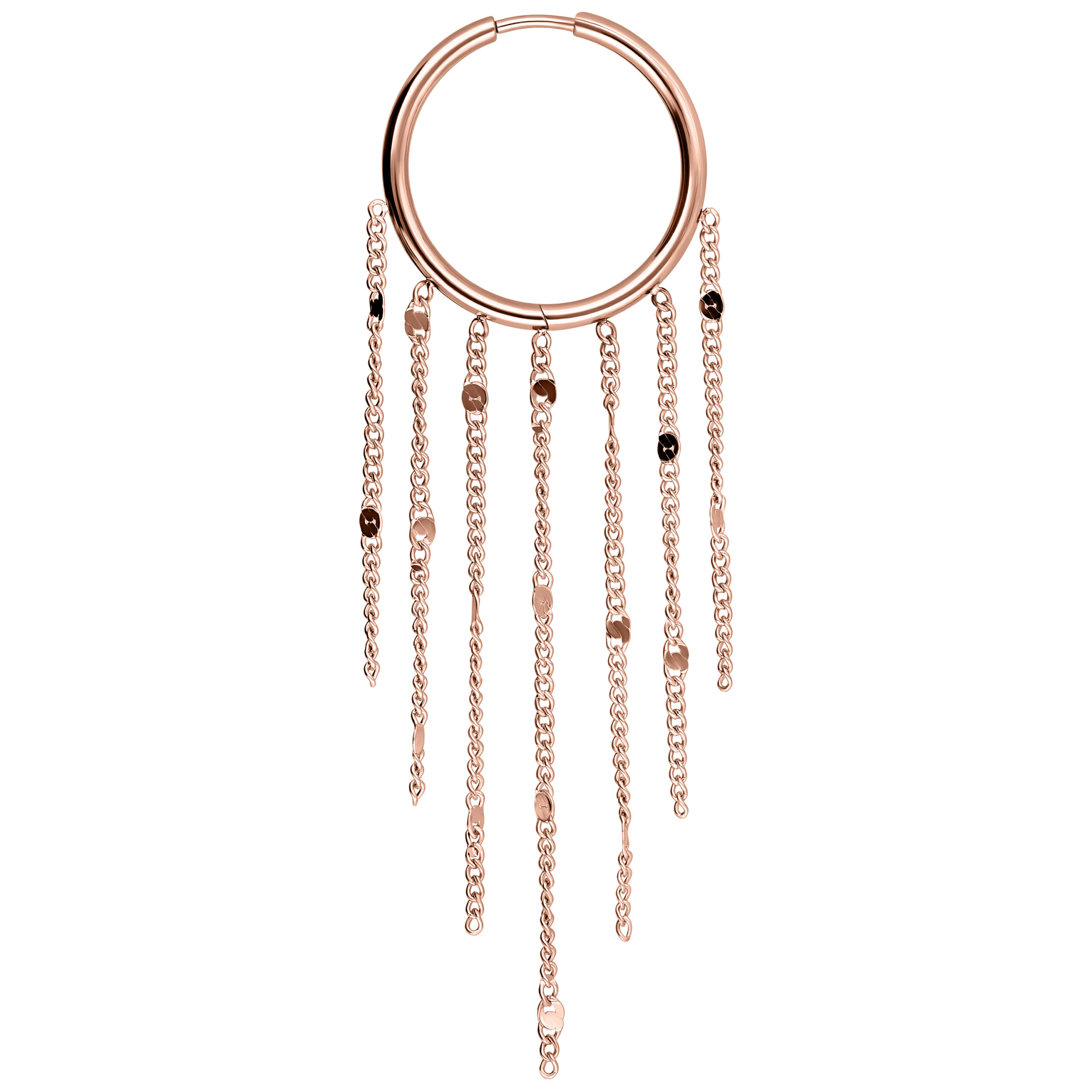 Cerchi in oro rosa con lunghe catene a nappe su sfondo bianco