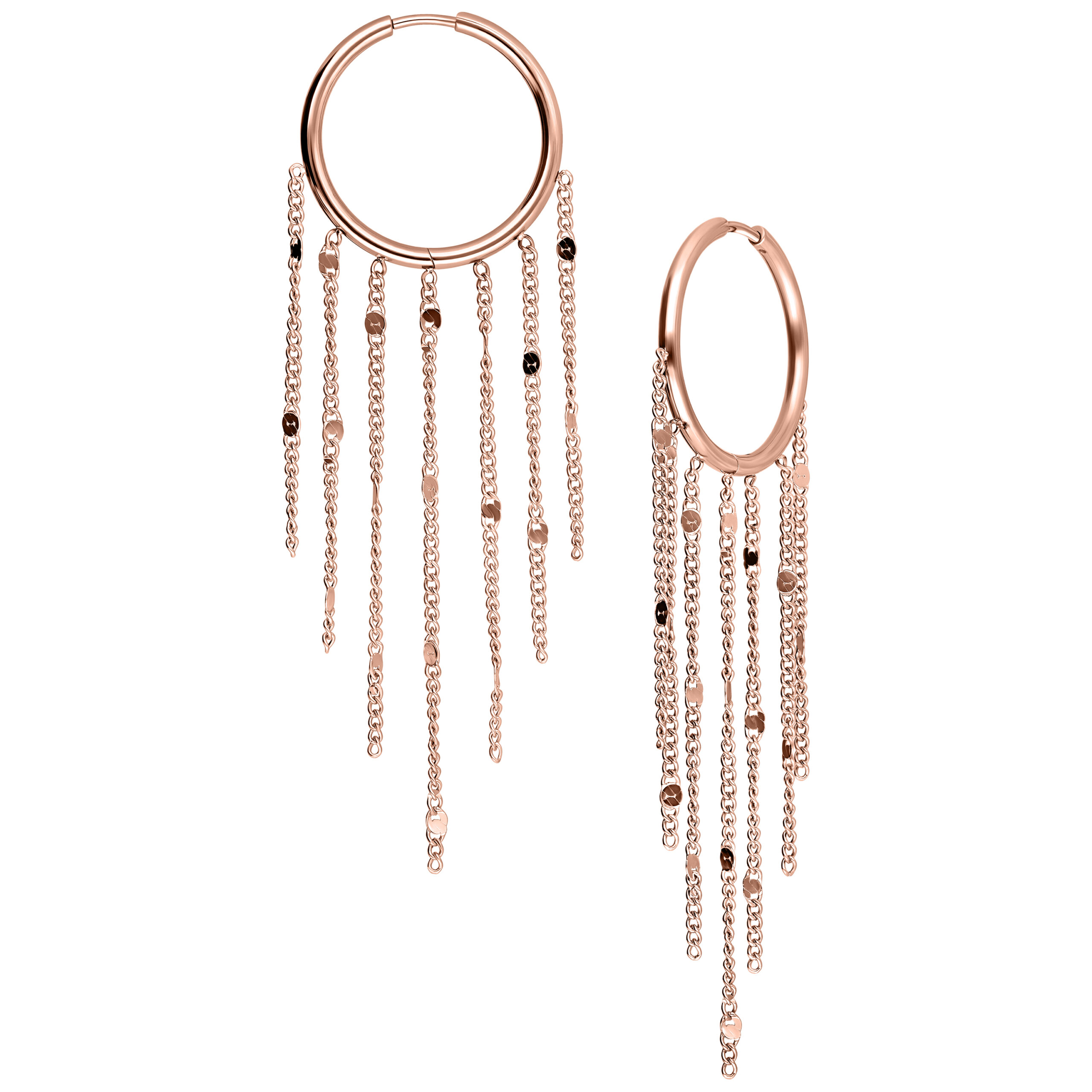 Orecchini in oro rosa con design a nappine su sfondo bianco