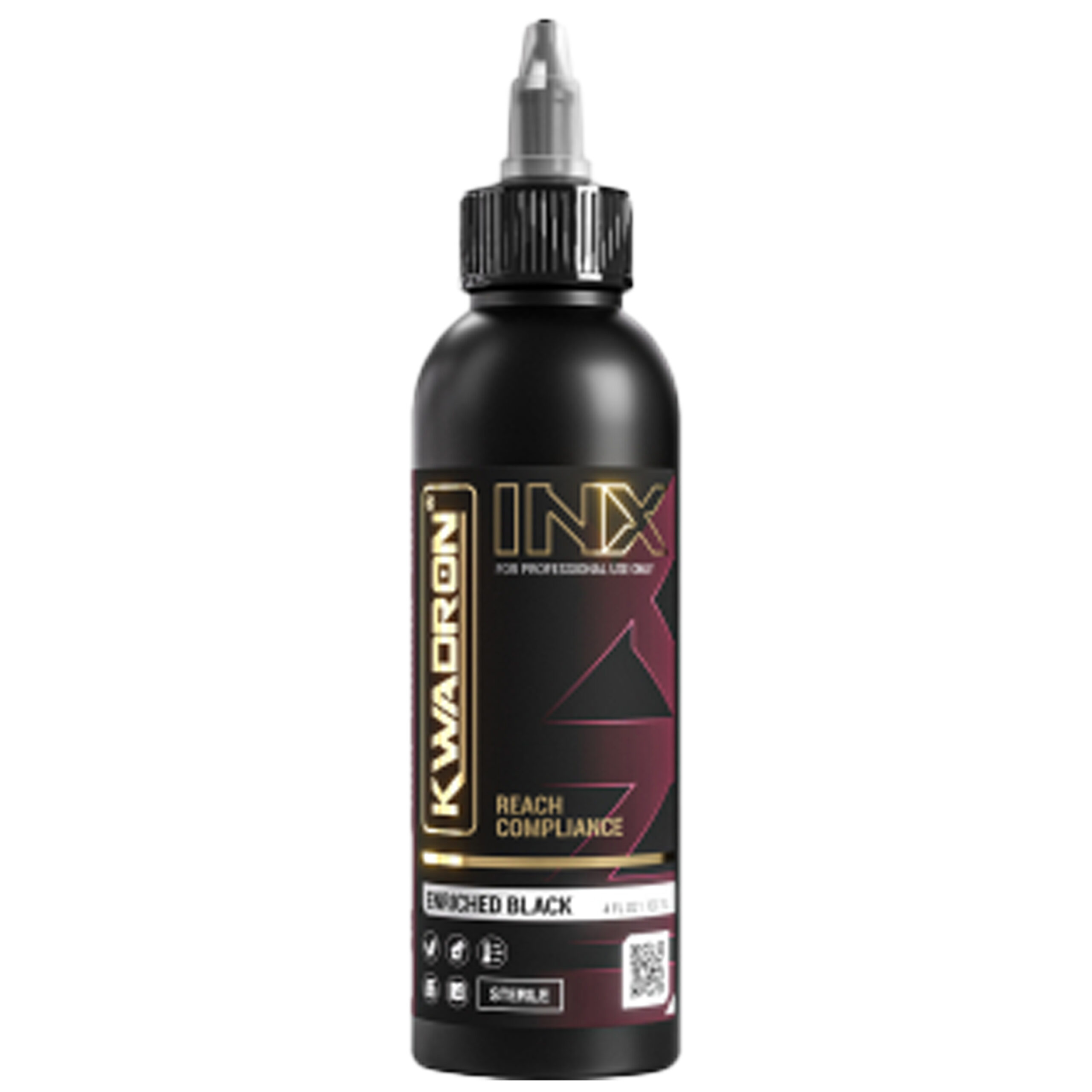 Flacone nero di inchiostro per tatuaggi KWADRON INX™, 120 ml, su sfondo bianco