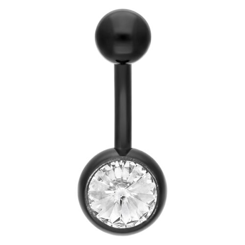 Piercing all'ombelico nero in titanio con cristallo chiaro, lunghezza 12mm su sfondo bianco