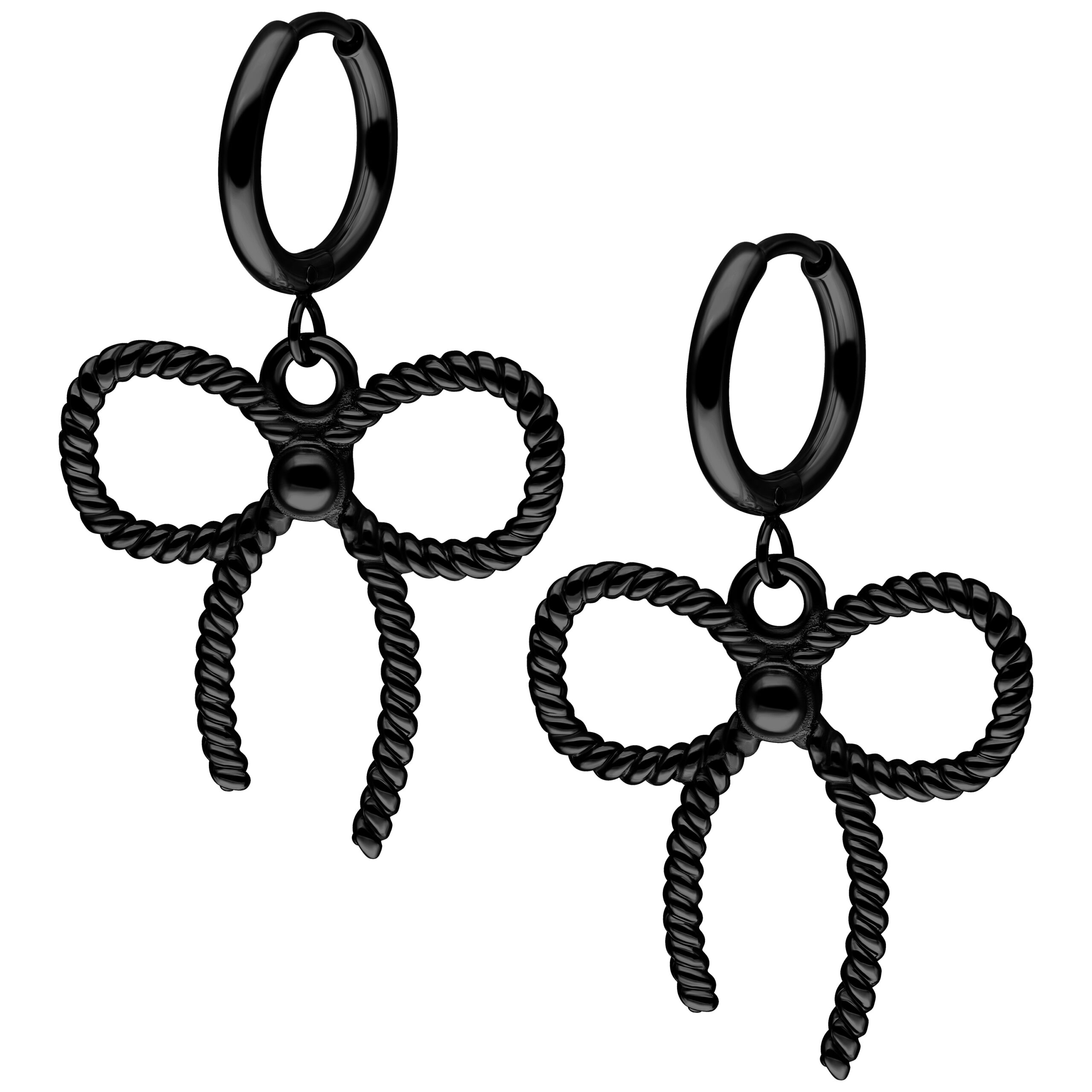 Orecchini neri con fiocchi intrecciati su sfondo bianco