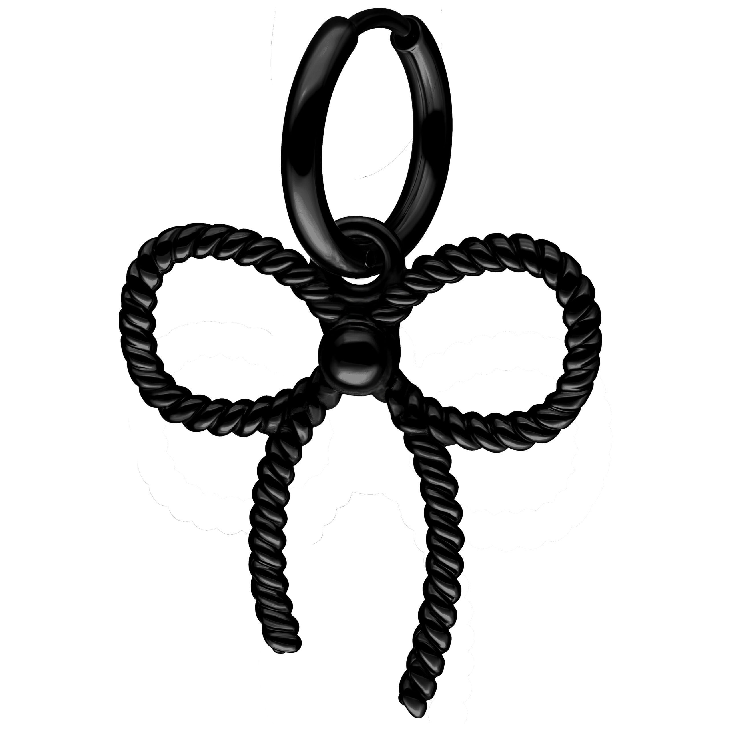 Orecchino nero a forma di fiocco su sfondo bianco