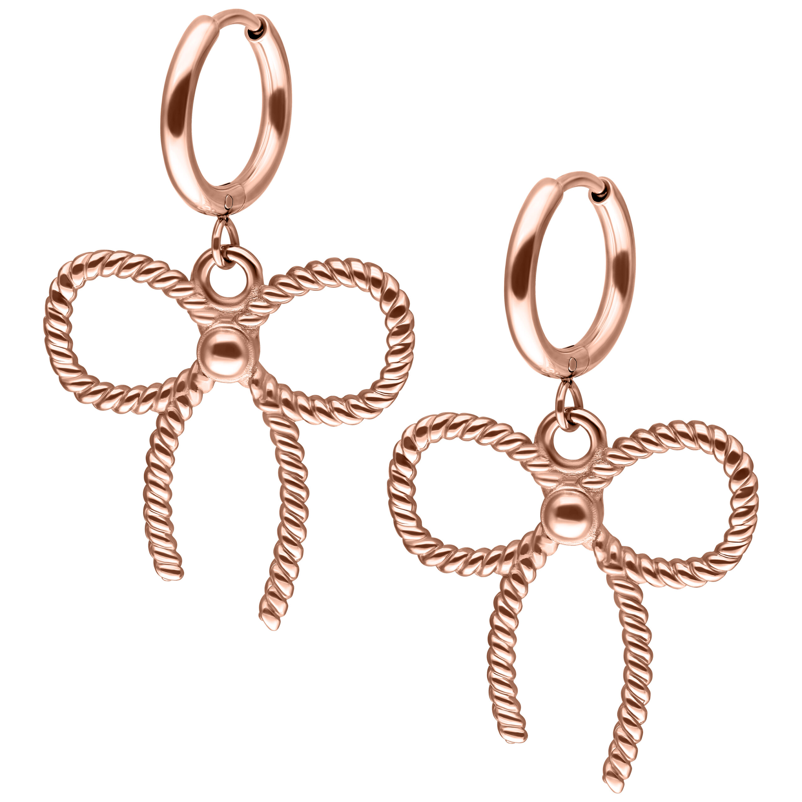 Orecchini in oro rosa con fiocchi intrecciati su sfondo bianco