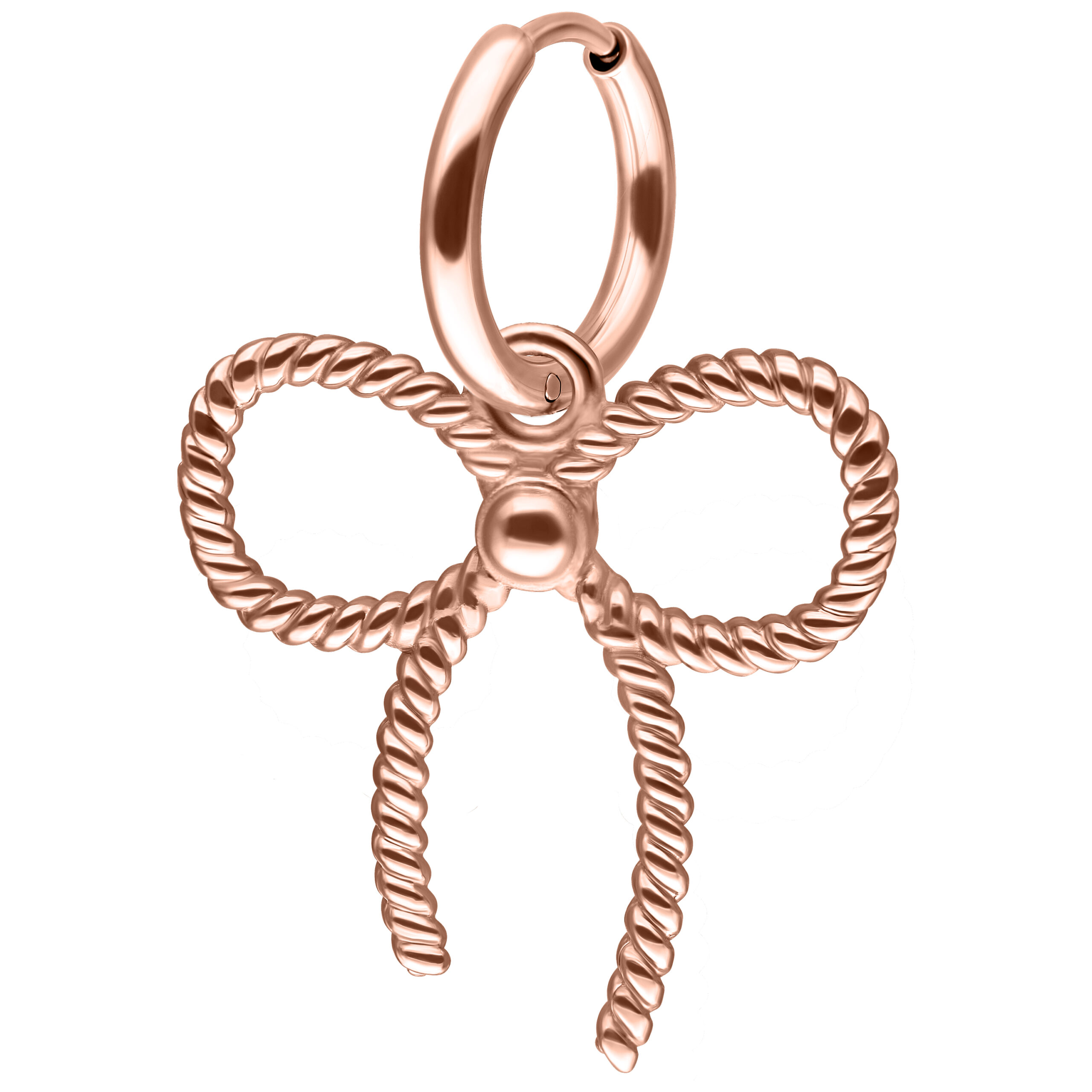Orecchini in oro rosa con forma di fiocco intrecciato su sfondo bianco
