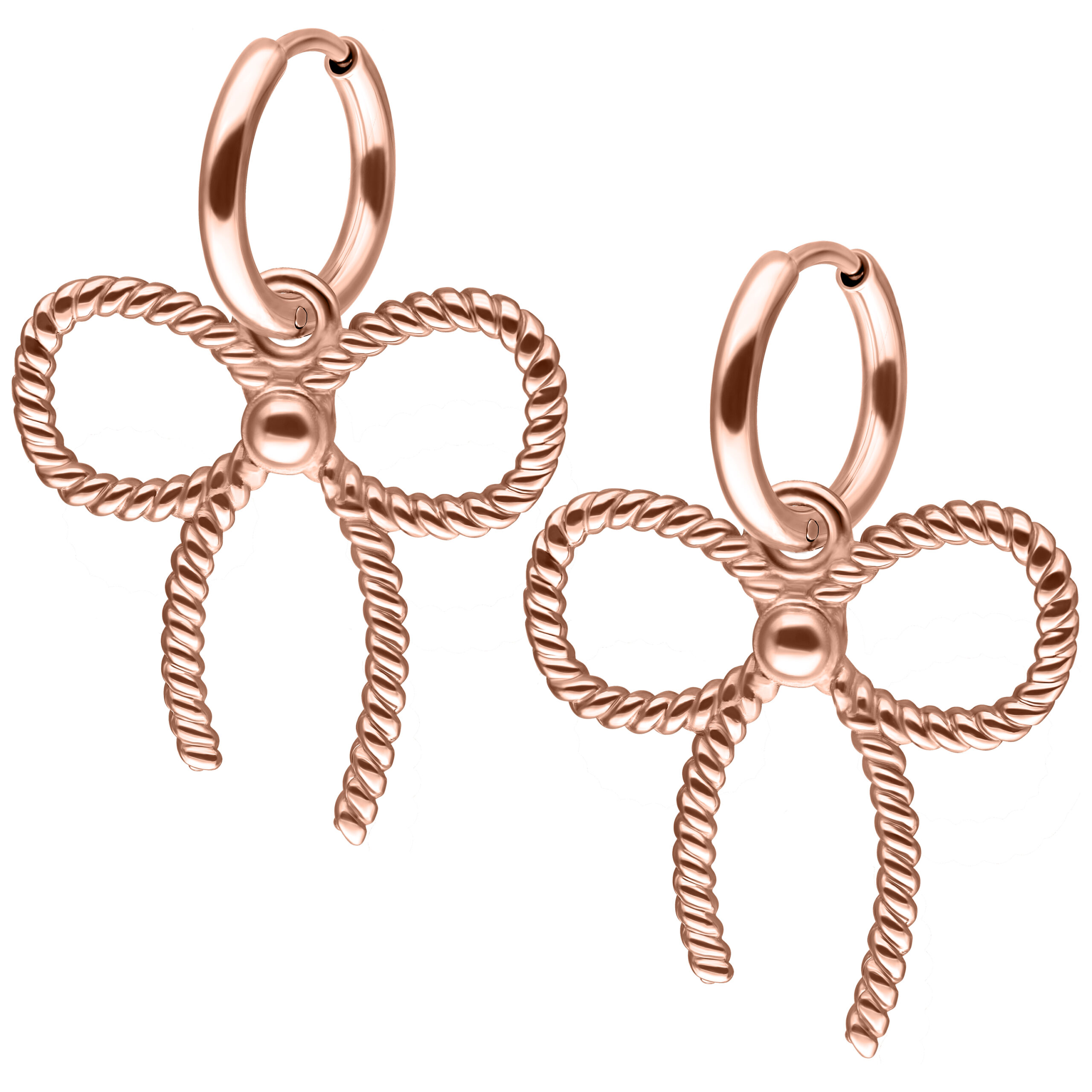 Due orecchini in oro rosa a forma di fiocco su sfondo bianco