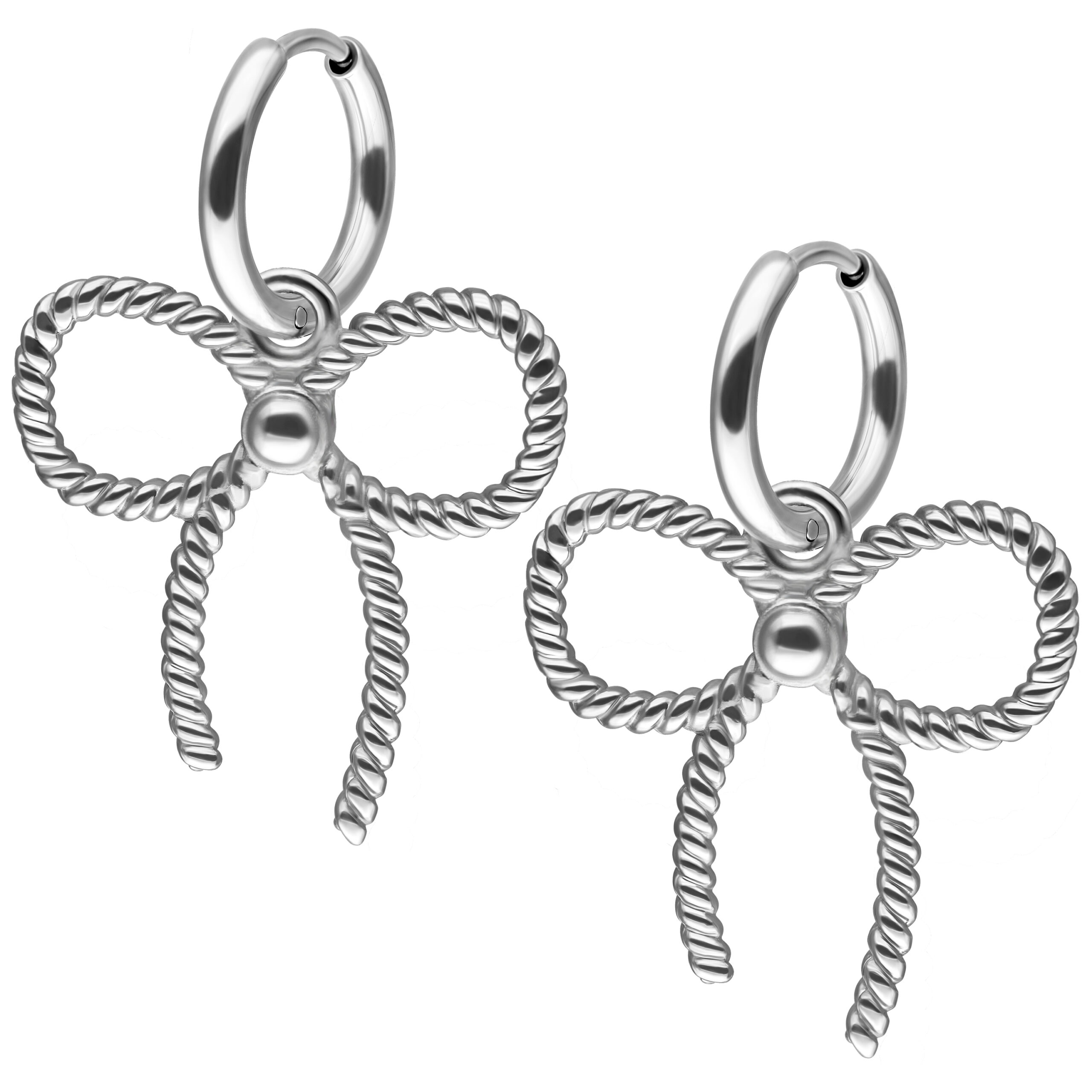 Orecchini d'argento con design a fiocco su sfondo bianco