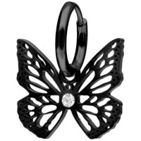 Orecchini neri a forma di farfalla con cristallo su sfondo bianco