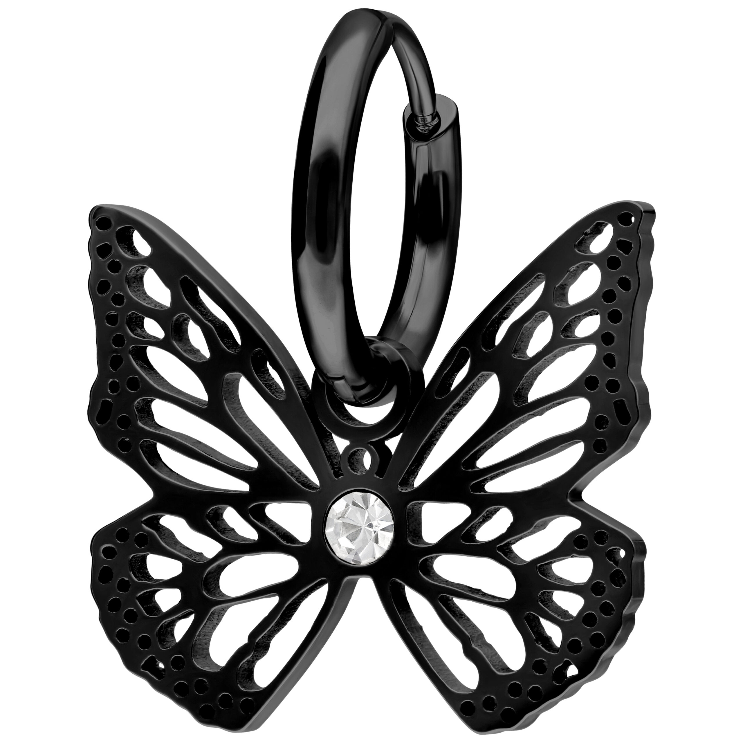 Orecchini neri a forma di farfalla con cristallo su sfondo bianco