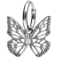 Orecchini a farfalla in acciaio inox argento con chiusura a scatto su sfondo bianco