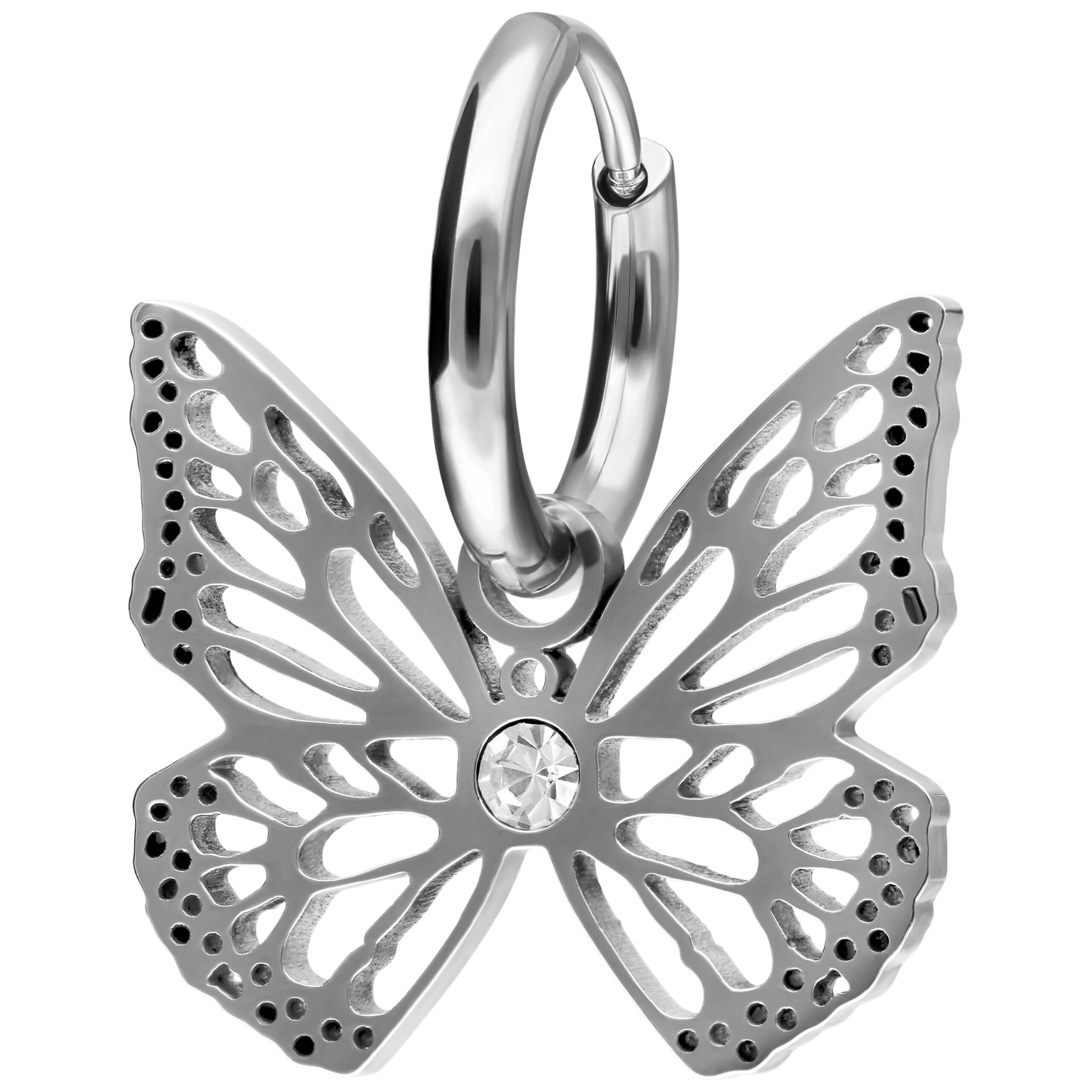 Orecchini a farfalla in acciaio inox argento con chiusura a scatto su sfondo bianco