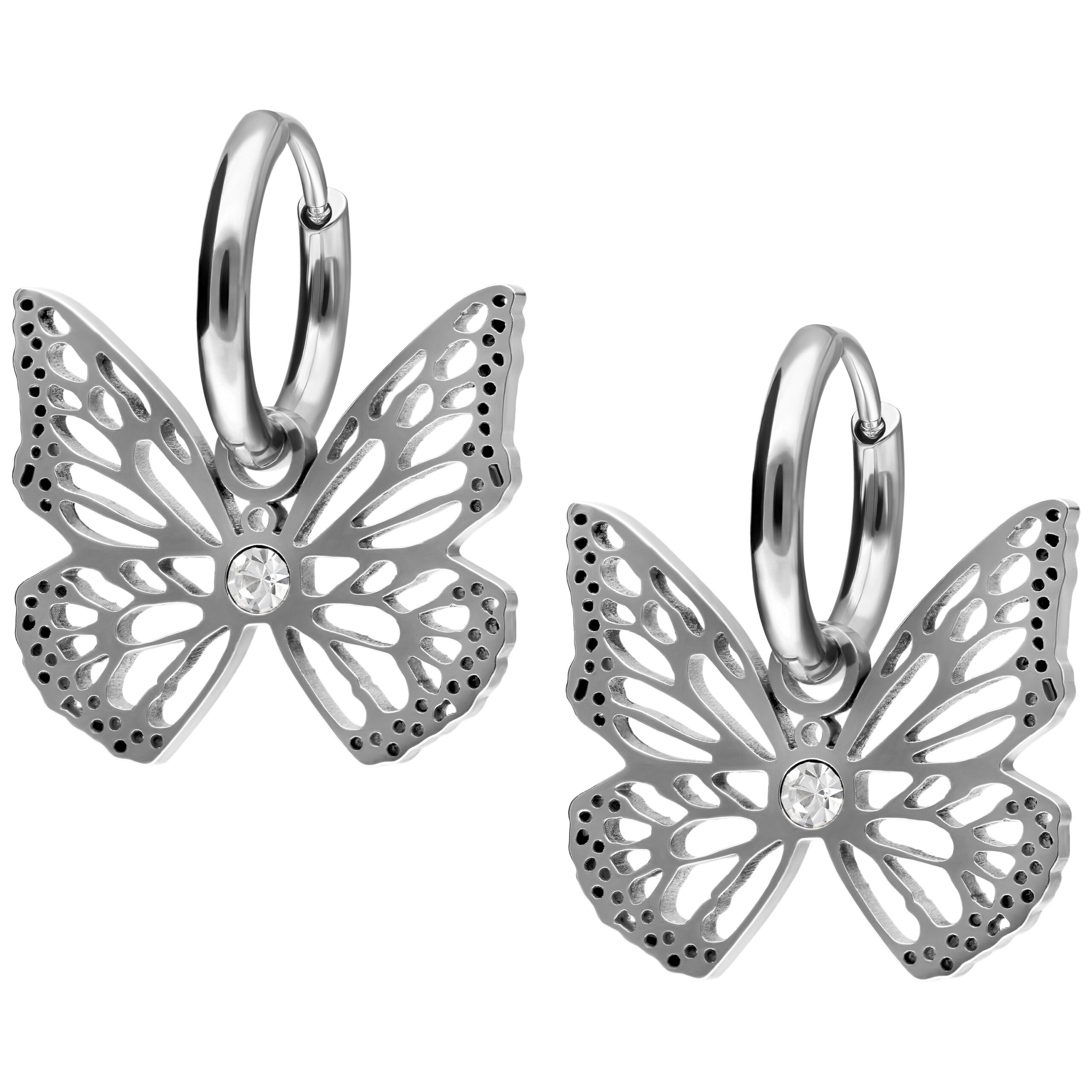 Orecchini a farfalla in acciaio inox con cristallo su sfondo bianco