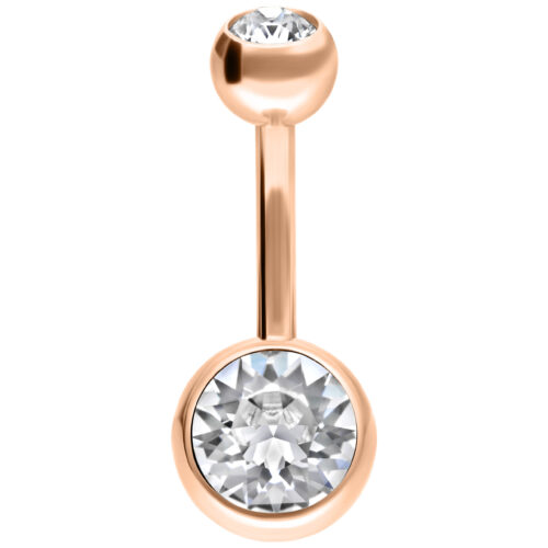 Piercing ombelico in oro rosa con pietre cristalline su sfondo bianco