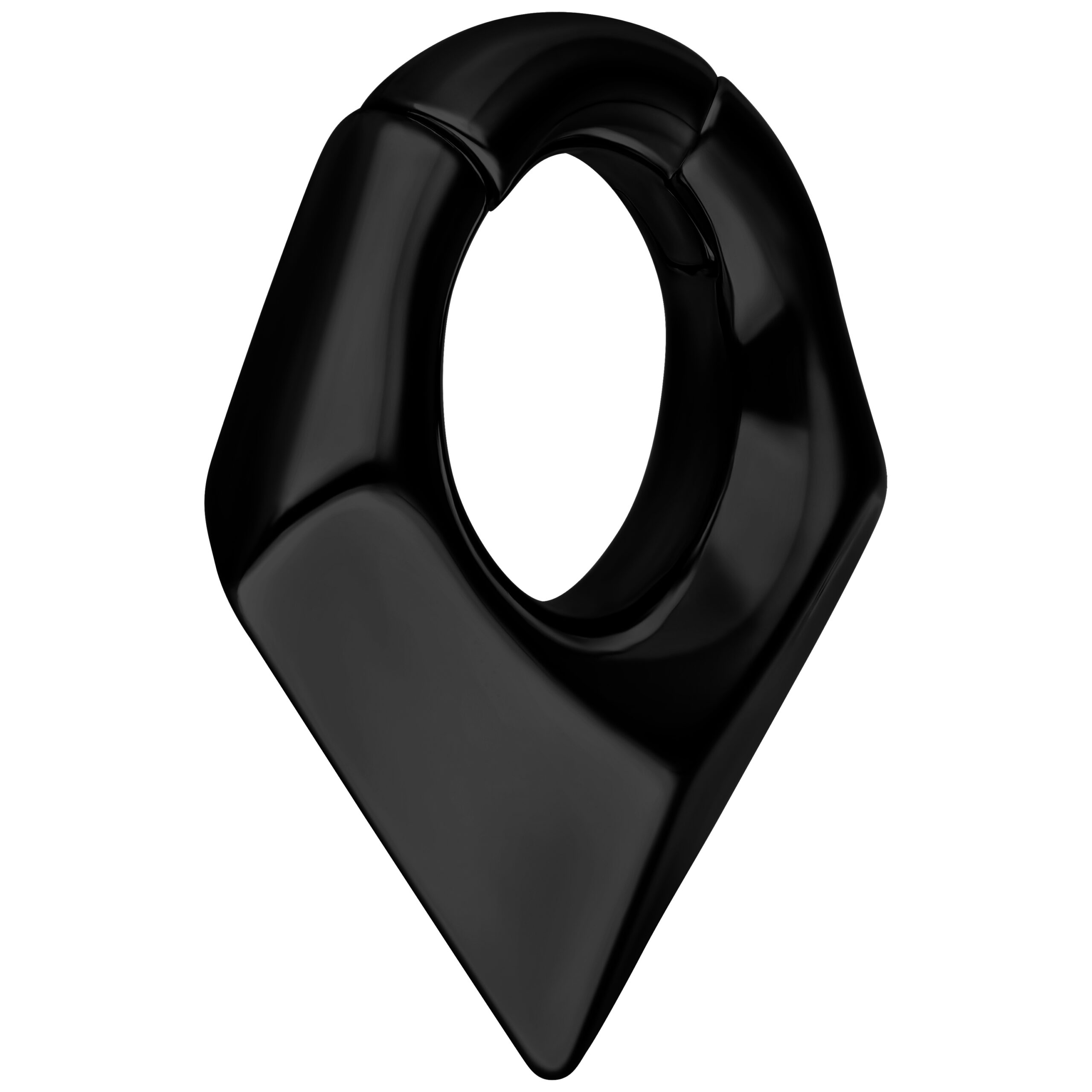 Orecchino triangolare nero in acciaio chirurgico su sfondo bianco