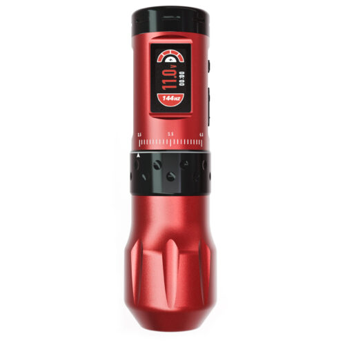 Macchina per tatuaggi wireless rossa con impugnatura nera su sfondo bianco