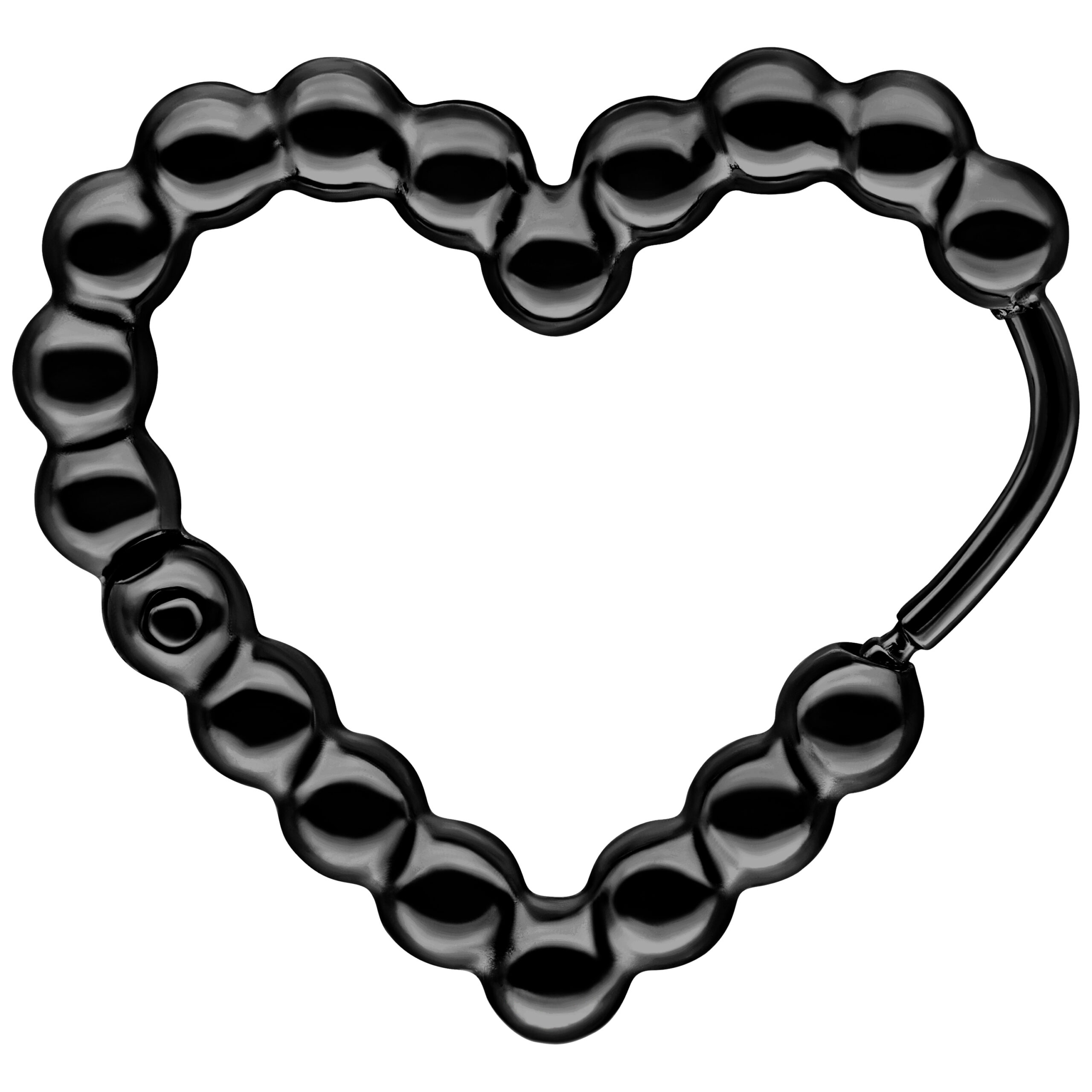 Orecchino a cuore nero con design a bolle su sfondo bianco