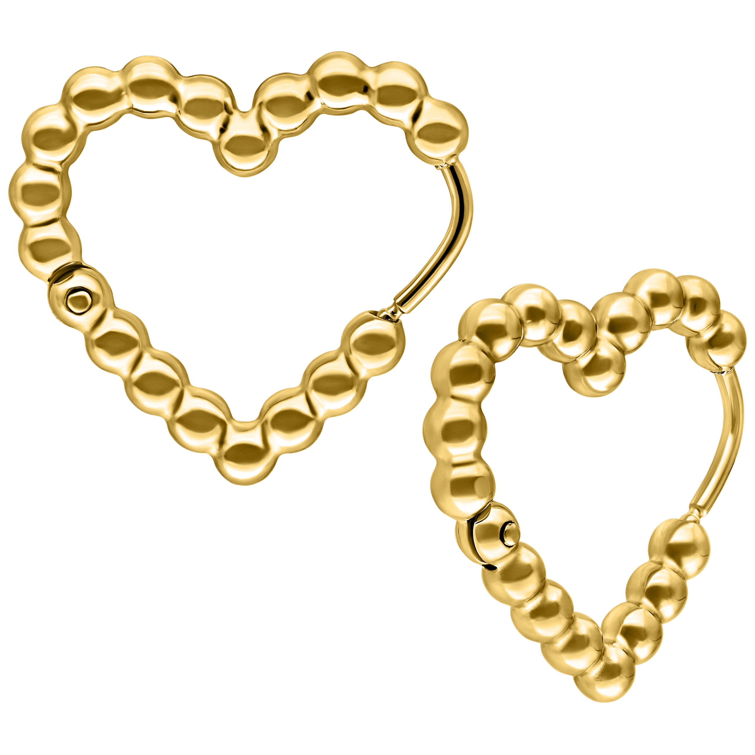 Orecchini a Cerchio con Bolle a Cuore Dorati Due orecchini dorati a forma di cuore con struttura a bolle su sfondo bianco