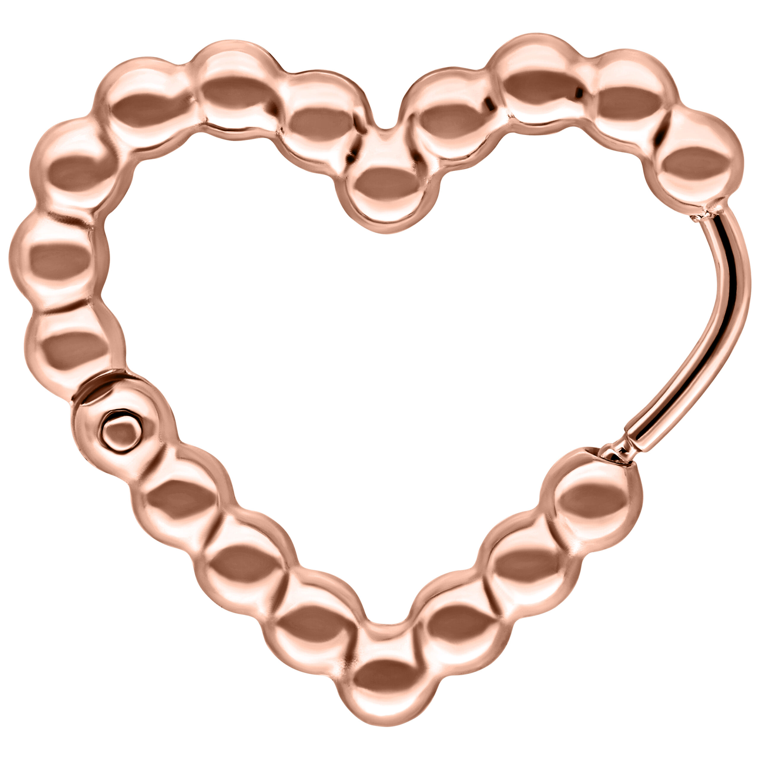 Orecchino a forma di cuore in oro rosa con struttura a bolle su sfondo bianco