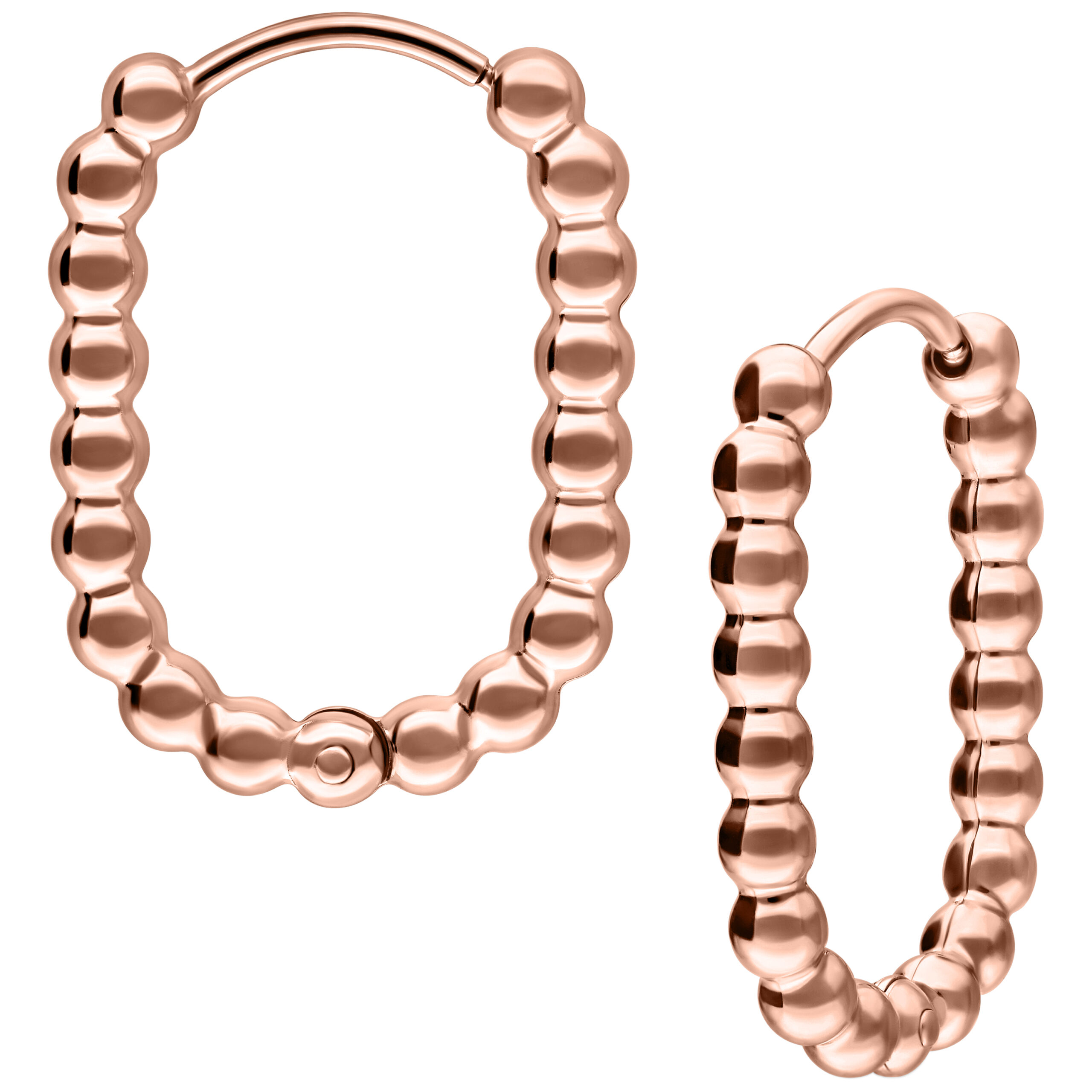 Due orecchini ovali lucidi in oro rosa su sfondo bianco