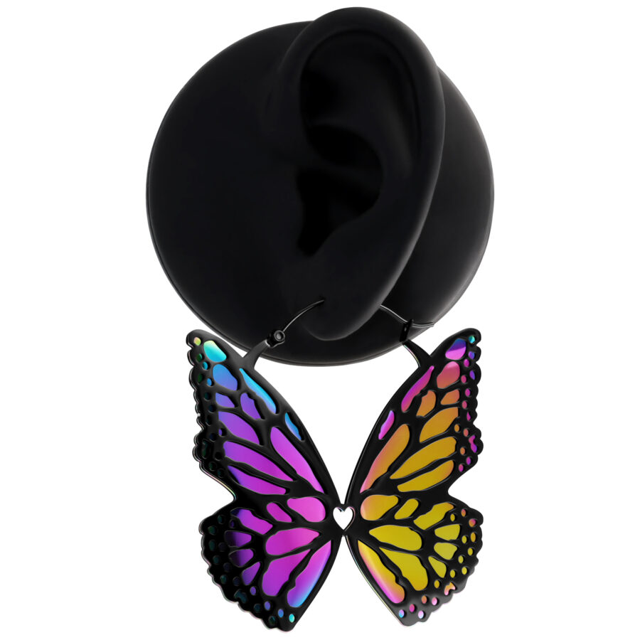 Orecchini Butterfly neri con design di farfalle colorate su sfondo nero