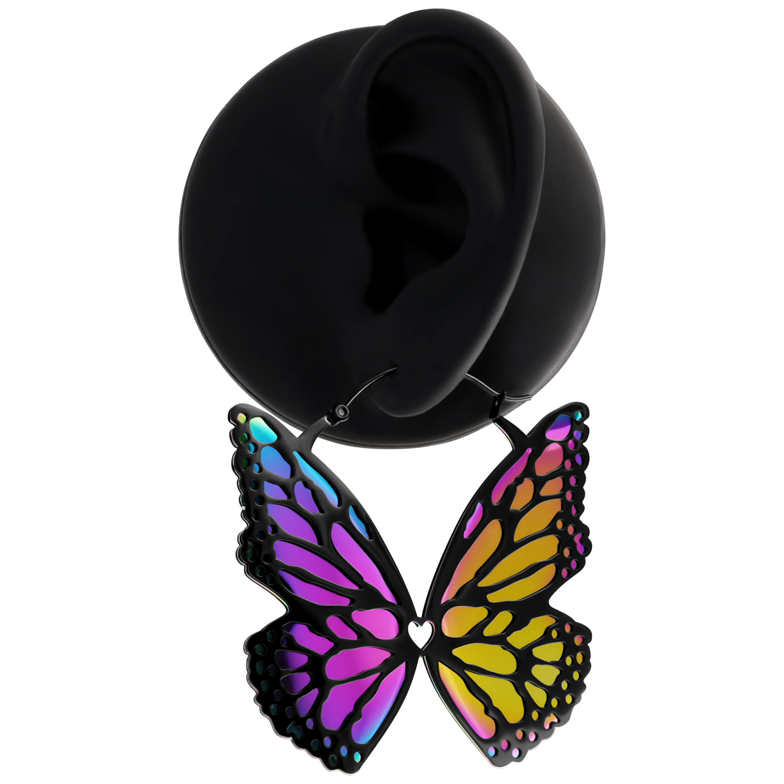 Orecchini Butterfly neri con design di farfalle colorate su sfondo nero