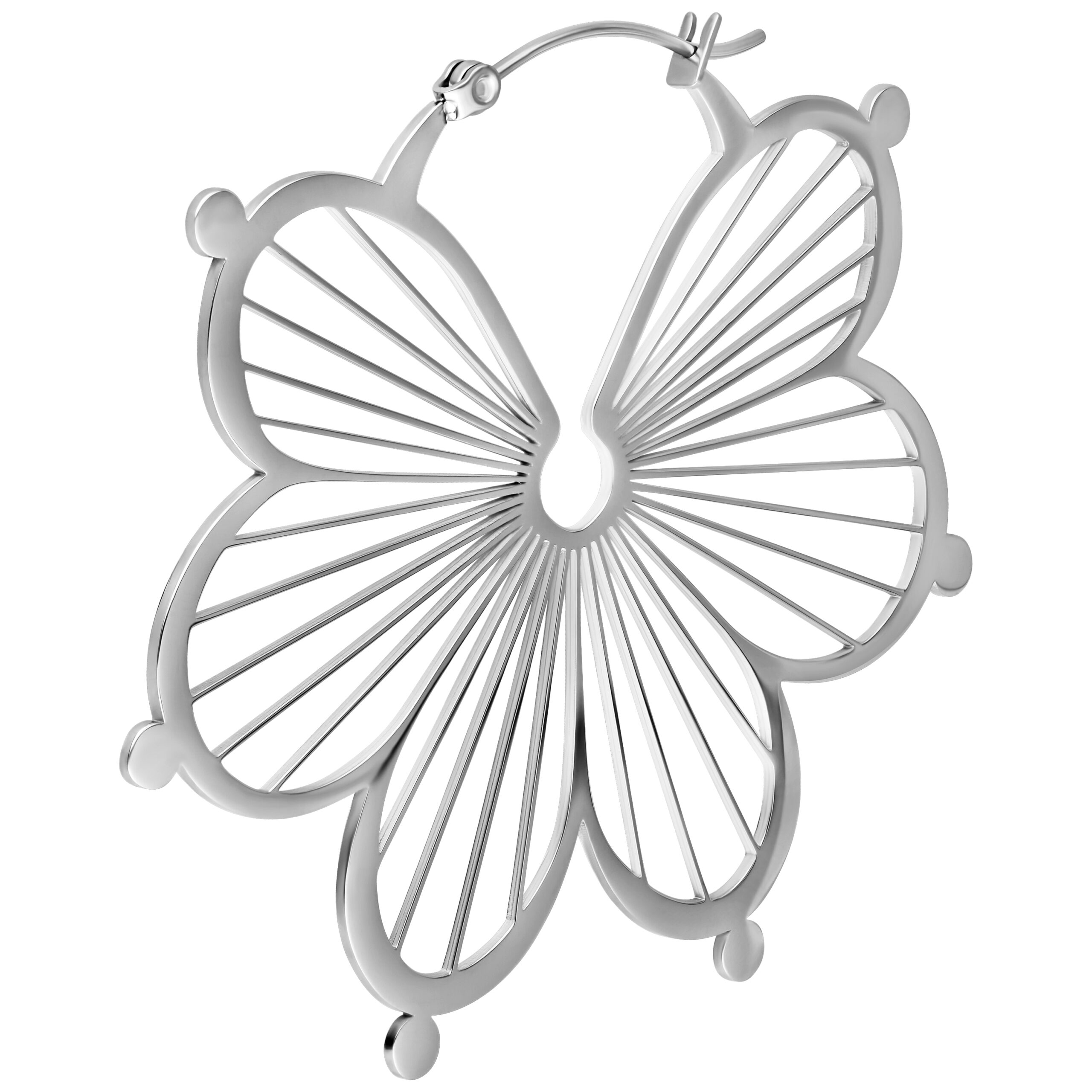 Orecchini Flower Hoops in argento con chiusura a scatto su sfondo bianco