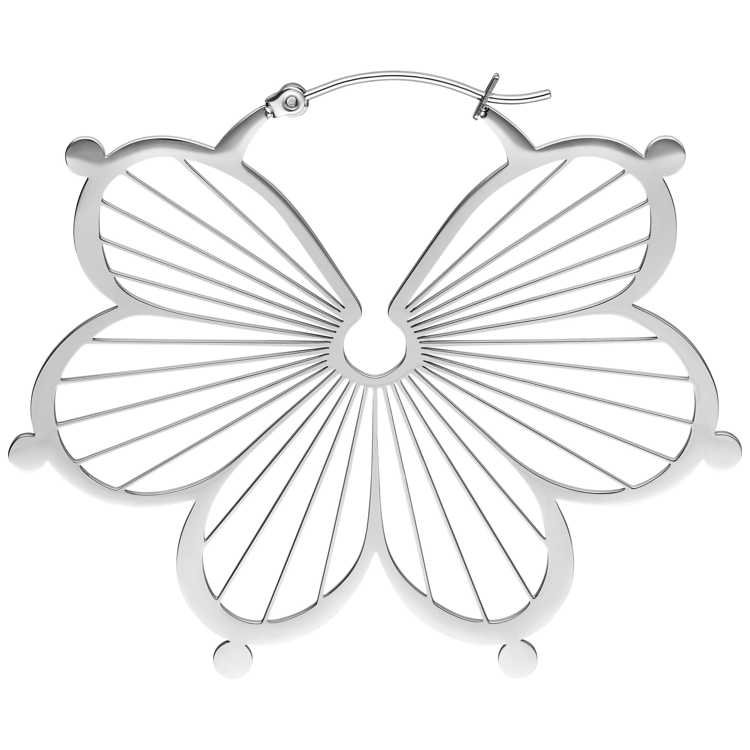 Orecchini a cerchio Flower in argento lucente acciaio chirurgico su sfondo bianco