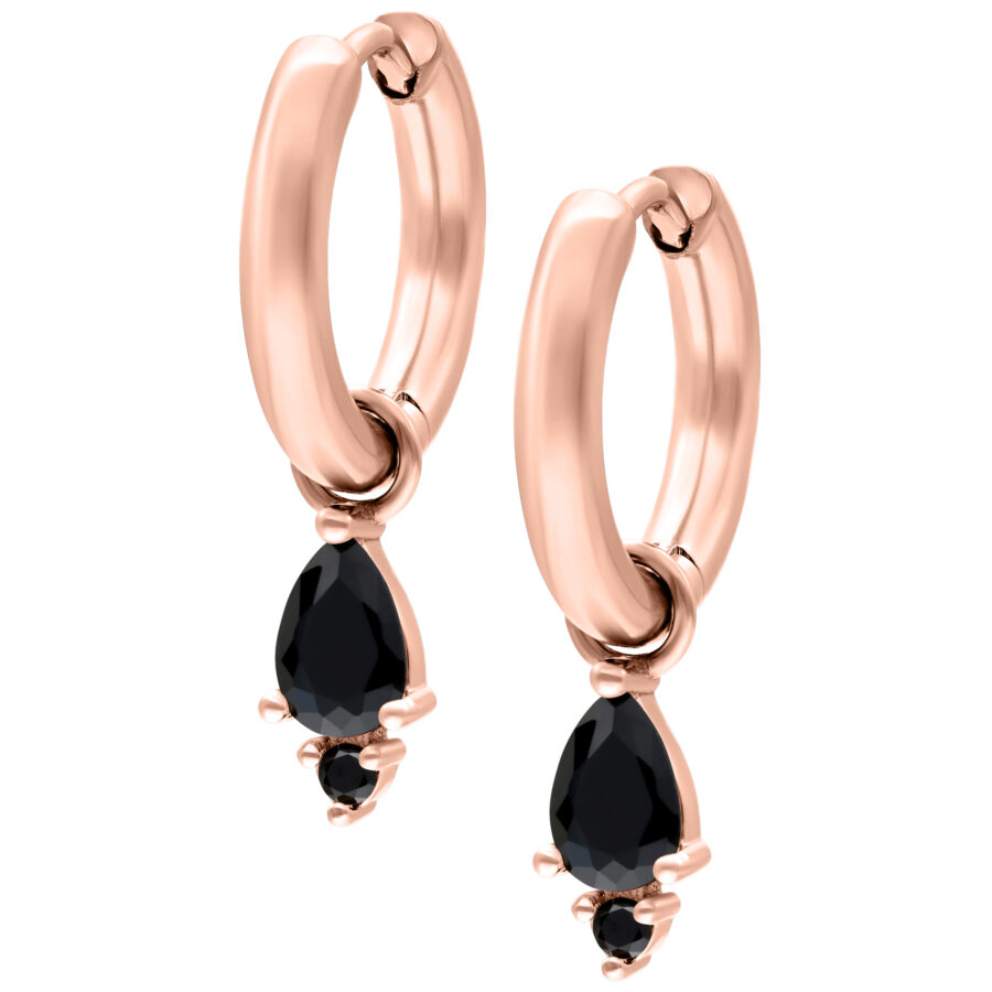 Orecchini in oro rosa con cristalli neri su sfondo bianco