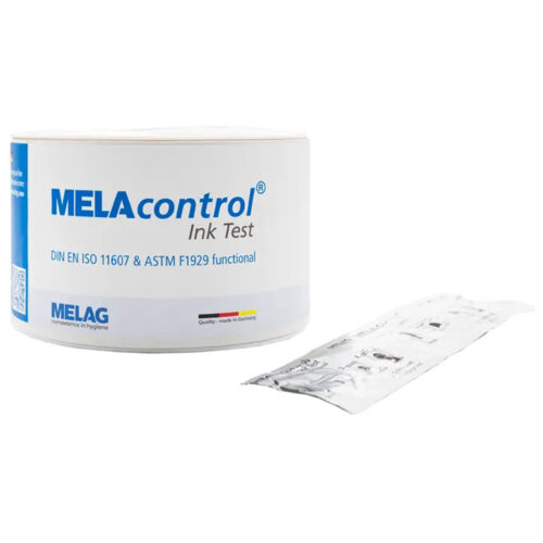 Rotolo MELAcontrol Ink Test e set di test confezionato su sfondo bianco