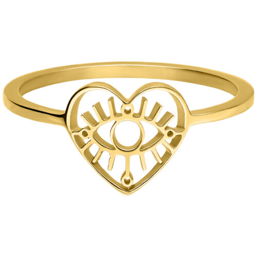 Anello dorato con design a cuore e occhio su sfondo bianco