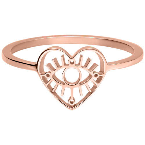 Anello Eye in oro rosa in acciaio chirurgico, misura 17mm, con motivo a cuore e occhio su sfondo bianco