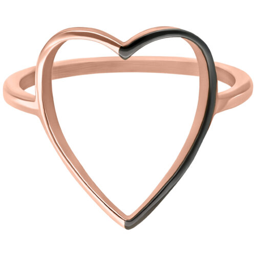 Anello a cuore in oro rosa con accento nero, misura 17,0 mm su sfondo bianco