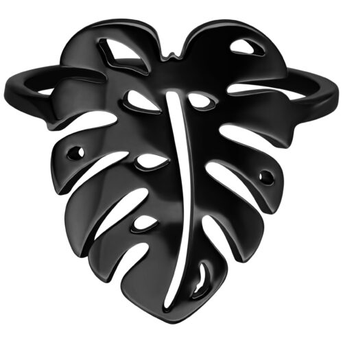 Anello Foglia di Monstera Nero in acciaio chirurgico, misura 18,0 mm, su sfondo bianco