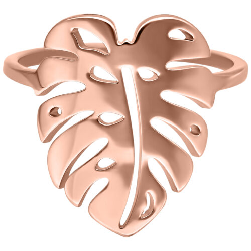 Anello foglia di Monstera in oro rosa su sfondo bianco, misura 17 mm